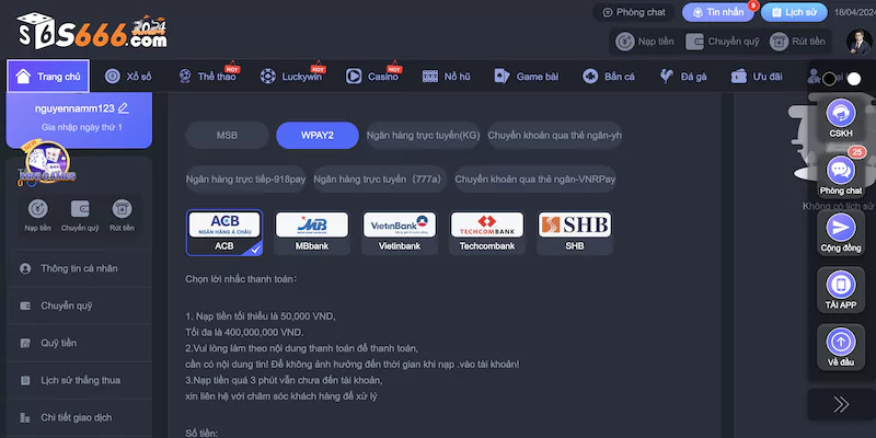 Hướng dẫn nạp tiền S666 chi tiết từng phương thức